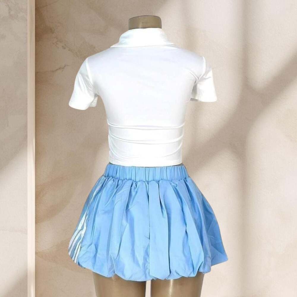 Baby Blue Sporty Skirt Set – Lace Polo Crop Top & Mini Skirt Preppy Y2K ✧ L - Picture 3 of 3